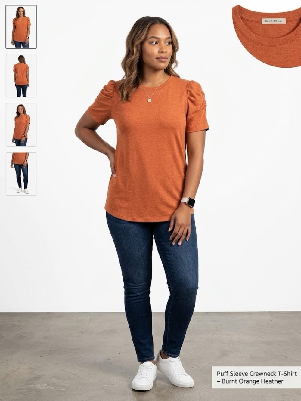 Puff-Sleeve Crewneck T-Shirt - Burnt Orange